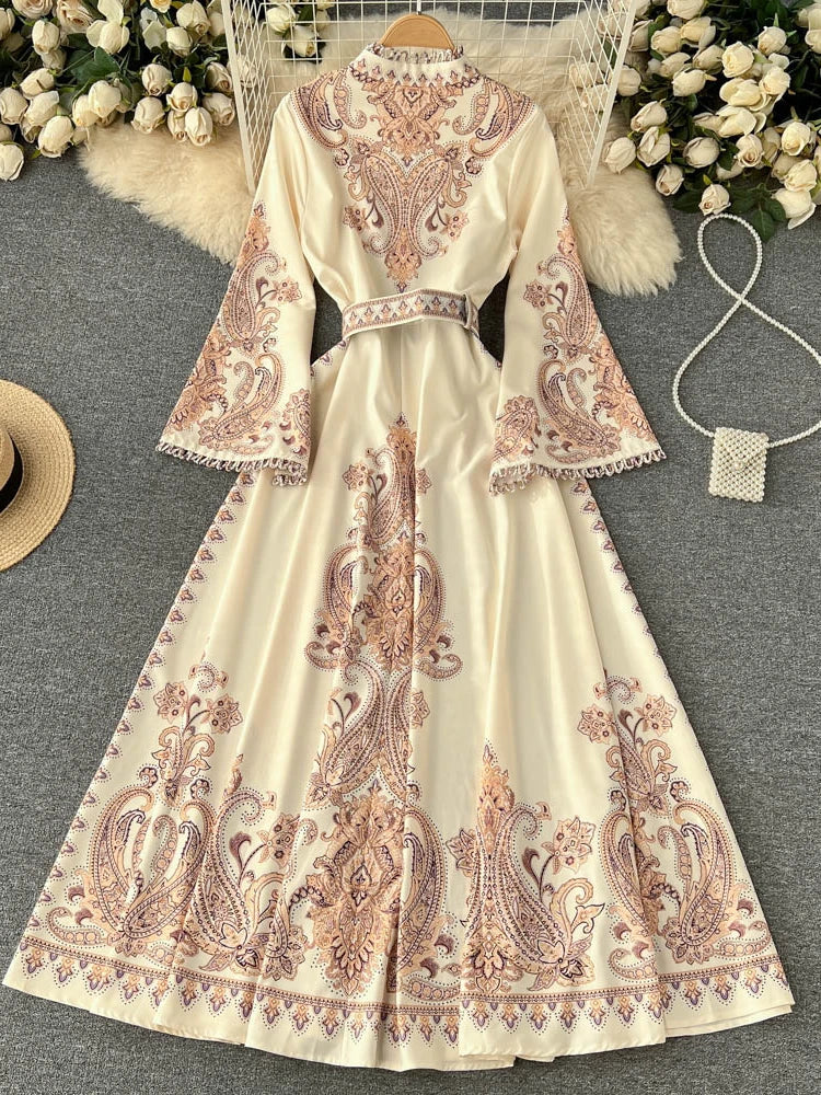 Spring Autumn Retro Long Dress Women Standing Neck Flared Sleeve Printed Party Dresses Ladies Slim A-line Court Style Long Robe