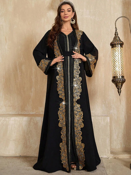 Dubai Morocco Women Long Dress Kimono Open Abaya Muslim Matching Set 2 Pieces Eid Ramadan Kaftan Turkey Islam Clothing Musulman