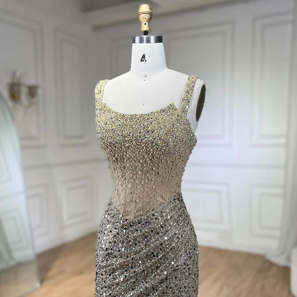 Serene Hill Beige Mermaid Floor Length Evening Gowns Luxury Beaded Crystal Spaghetti Strap Party Drsses For Women 2024 LA72163