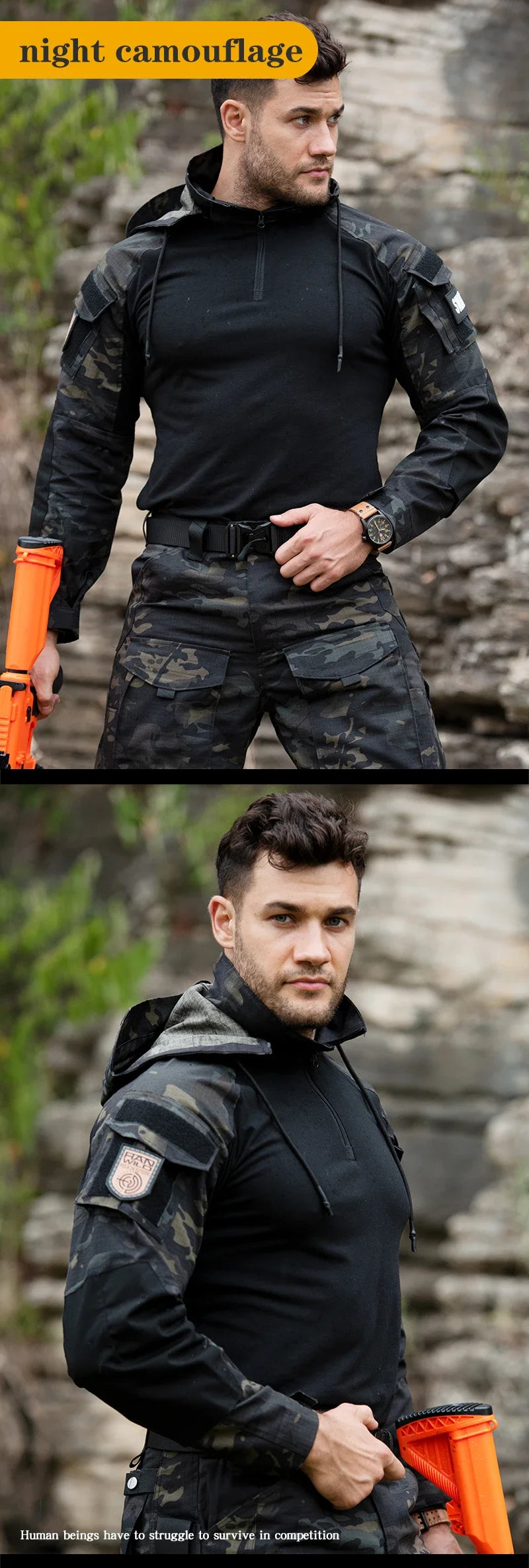 Outdoor Paintball Tactical Suits Uniform Camo Hunting Pants with Pad Airsoft Clothes Sets Combat Shirts with Hood Wear Resistant