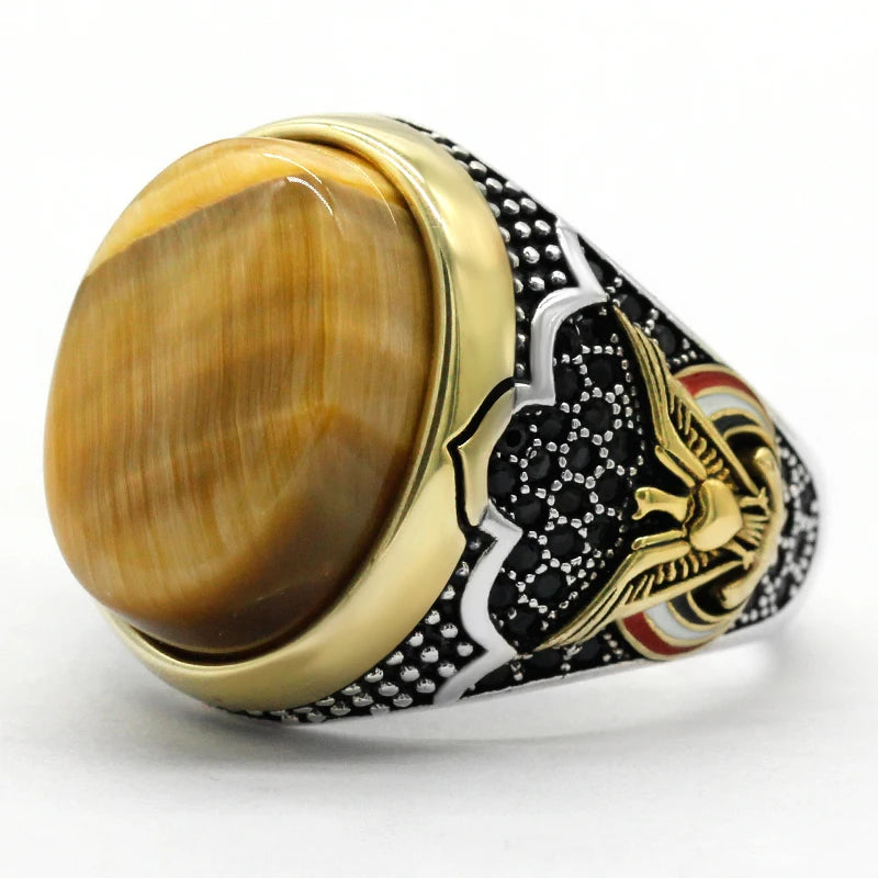 2022 New Fashion Punk Retro Men's Ring Natural Gold Tiger Eye Stone 925 Sterling Silver Jewelry Set Wedding Ring for Woman