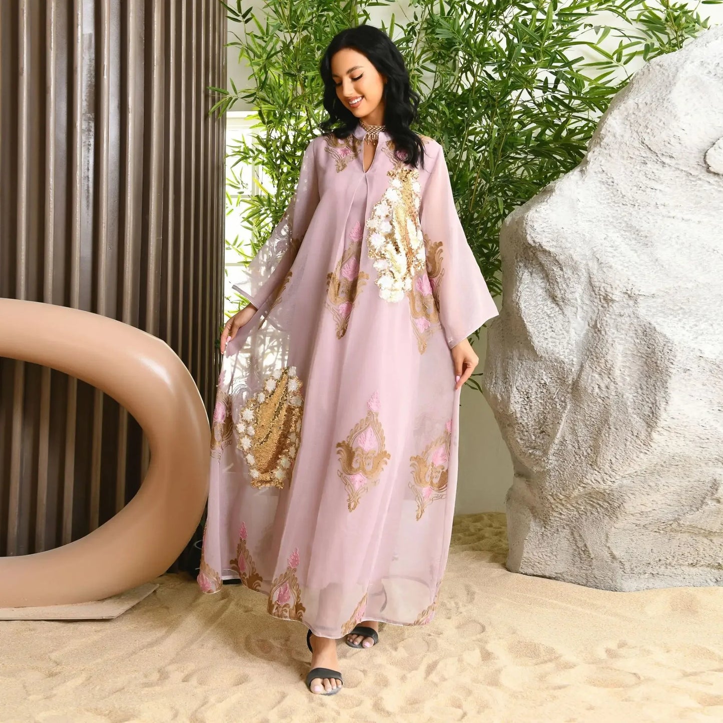 Mesh Sequins Embroidered Abaya Dress for Women Winter 2024 Middle East Arab Oman Dubai Muslim Moroccan Caftan Party Clothes Eid