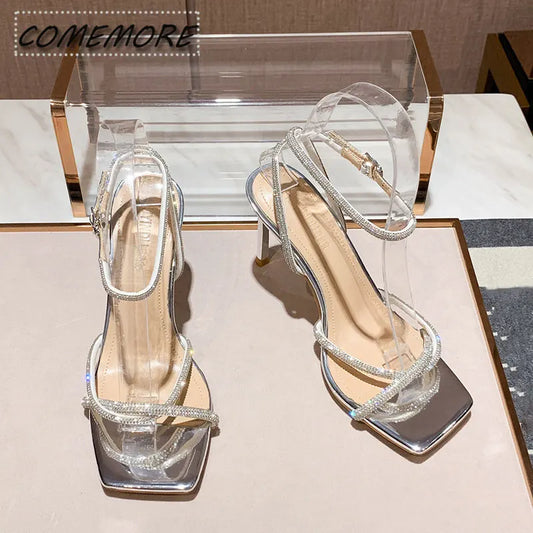 2023 Fashion Rhinestones Gladiator Silver High Heels Ankle Strap Strappy Sandals Women's Sexy Stiletto Party Bridal Shoes Summer
