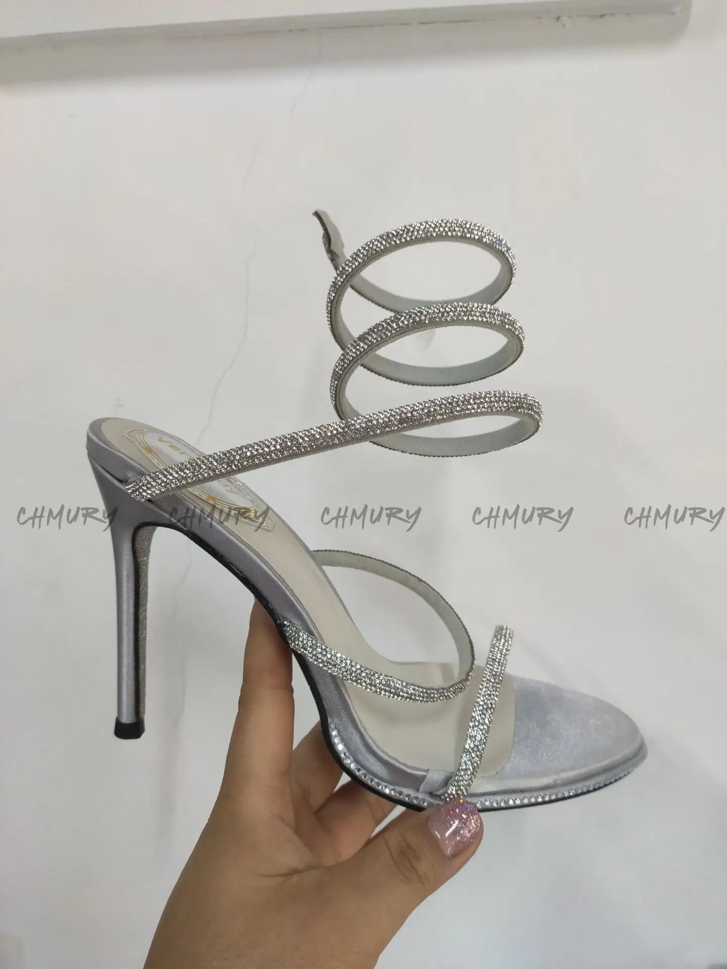 CHMURY Snake Wrapped Sandals Women's Summer Fashion 2024 New  Black Sexy Rhinestone Glitter Craystal Thin Heel High Heels