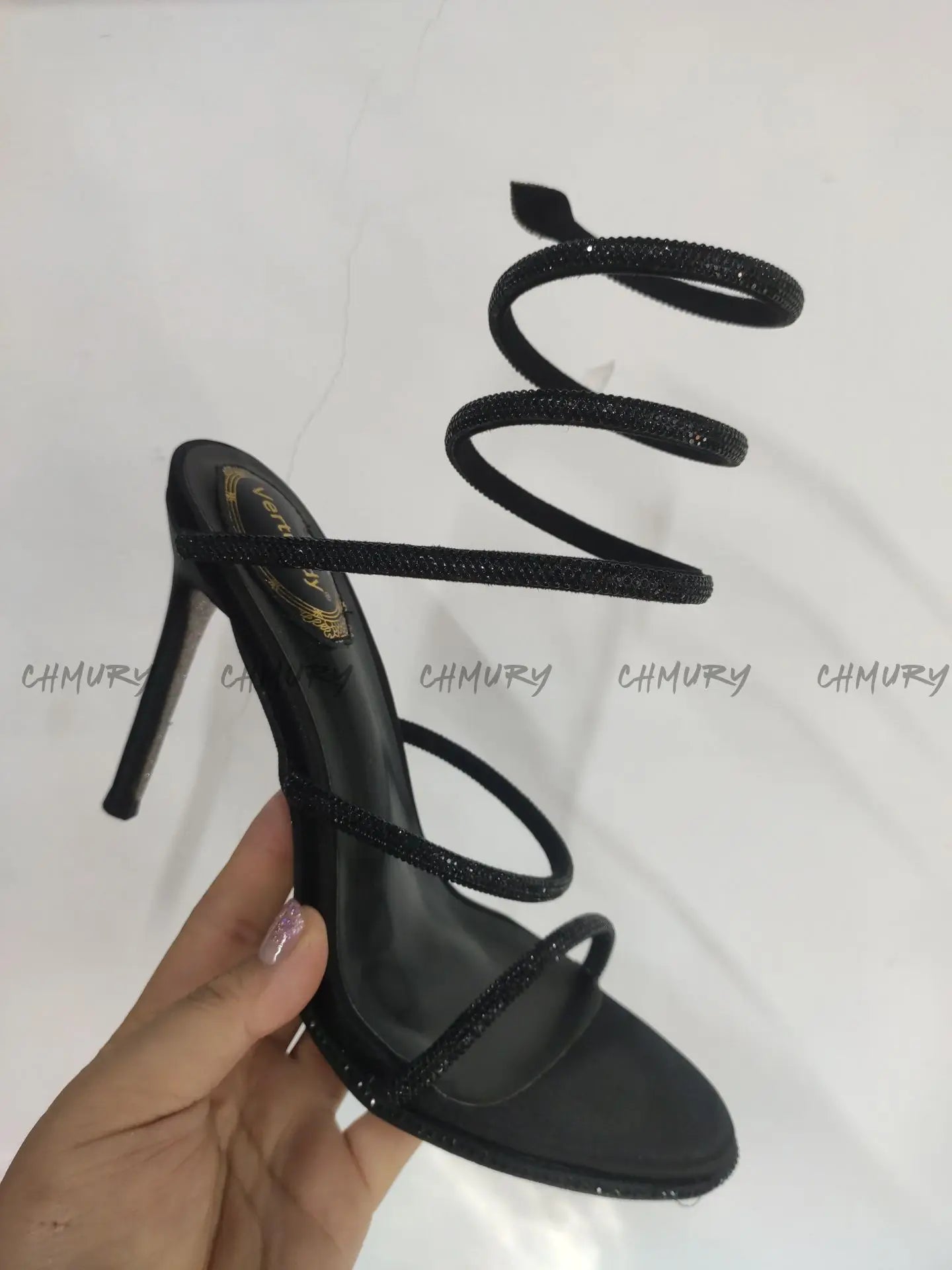 CHMURY Snake Wrapped Sandals Women's Summer Fashion 2024 New  Black Sexy Rhinestone Glitter Craystal Thin Heel High Heels