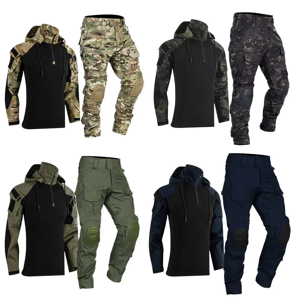 Outdoor Paintball Tactical Suits Uniform Camo Hunting Pants with Pad Airsoft Clothes Sets Combat Shirts with Hood Wear Resistant