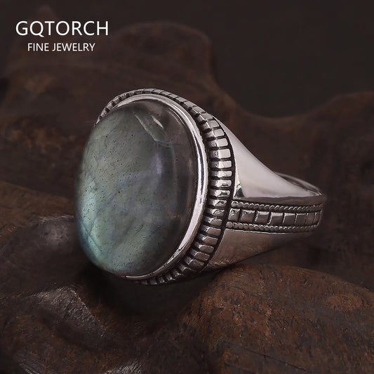 925 Sterling Silver Turkey Ring Men Labradorite Ring for Male Original Agate Rings Oval Natural Gemstone Luxury Turkish Jewelry