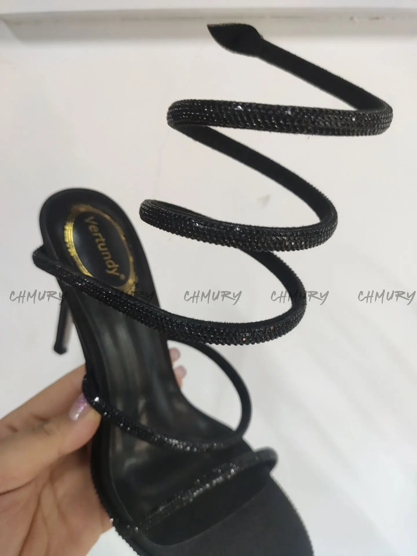 CHMURY Snake Wrapped Sandals Women's Summer Fashion 2024 New  Black Sexy Rhinestone Glitter Craystal Thin Heel High Heels