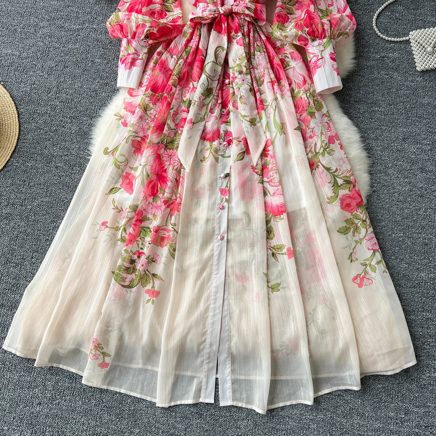 Retro Print o neck  lool sleeve sashes Single Breasted Dress A-line Casual High Waist Women Summer chiffon Dresses
