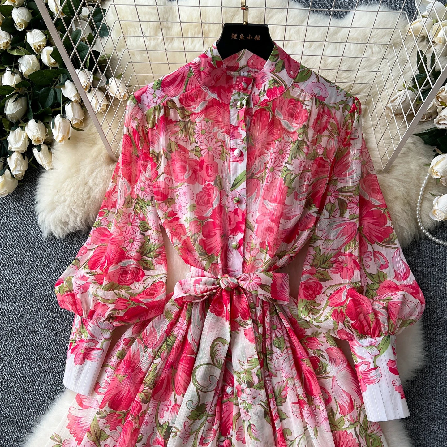 Retro Print o neck  lool sleeve sashes Single Breasted Dress A-line Casual High Waist Women Summer chiffon Dresses