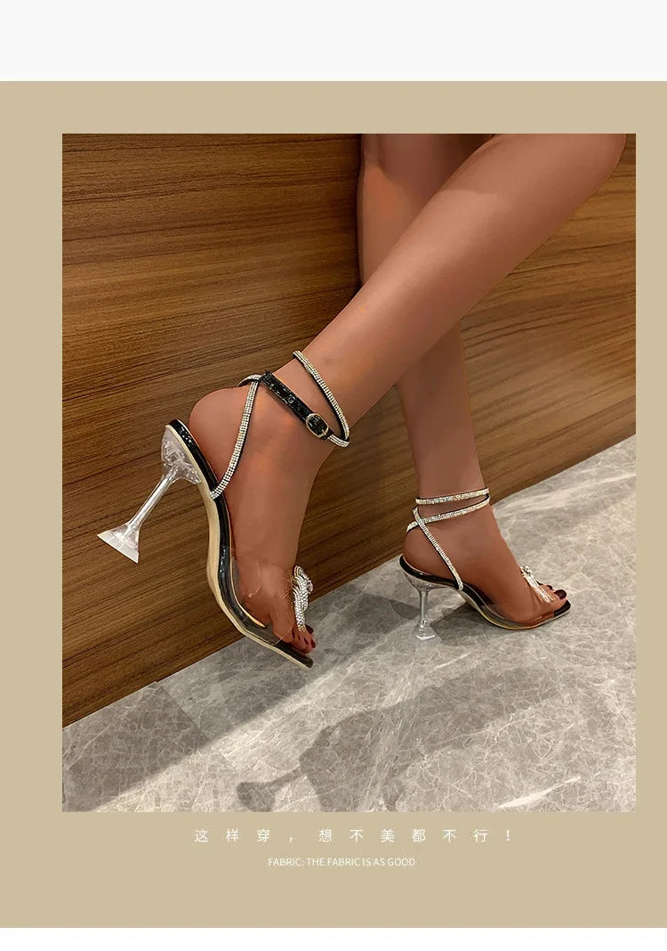 Sexy Rhinestone Bowknot Women's Sandals Jelly Transparent High Heels Summer Ankle Buckle Strap Party Shoe