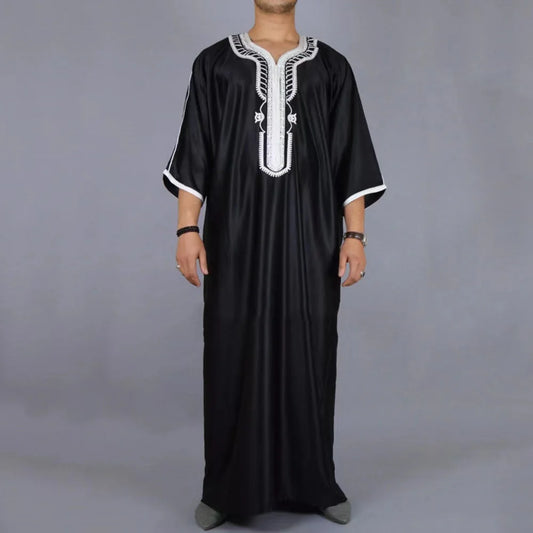 2023 Summer Caftan New Muslim Men's Black Robe Short Sleeves Embroidered Arabic Ethnic Style Men's Islamic Clothes