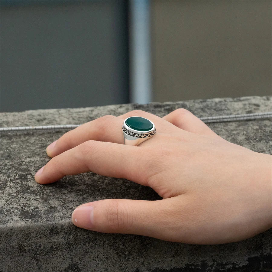 100% Solid Real S925 High Quality 8g Pure Silver Men Ring  Agate Green Fashion Couple Gift