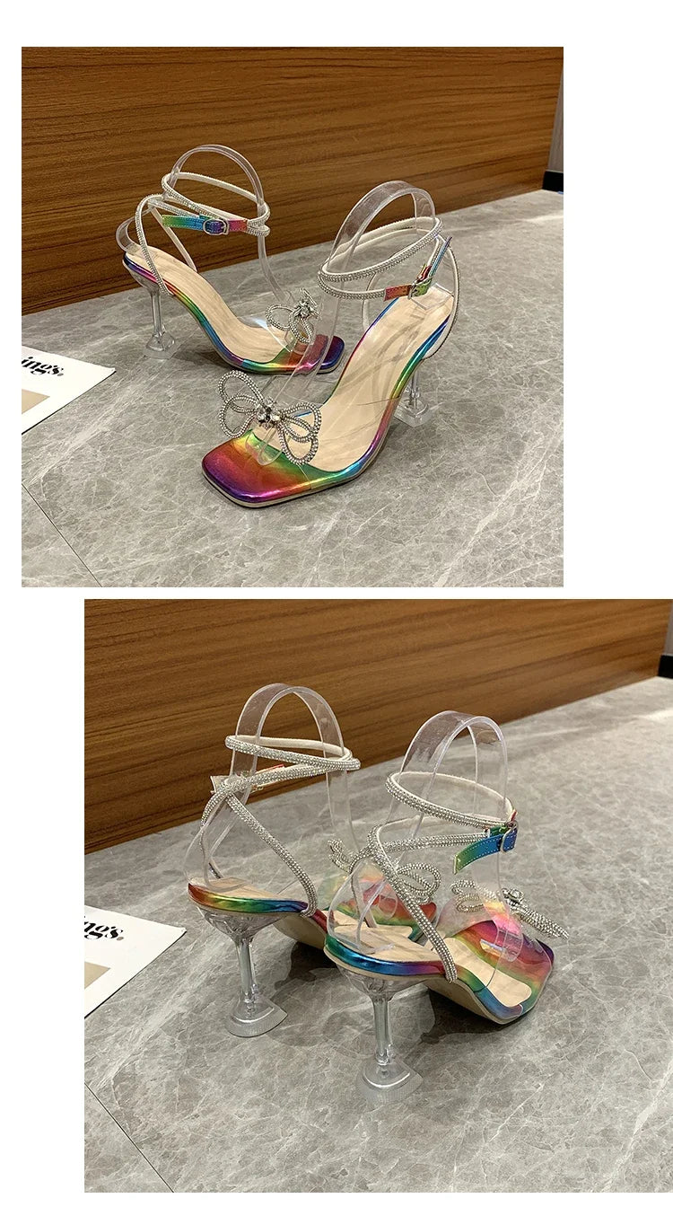 Sexy Rhinestone Bowknot Women's Sandals Jelly Transparent High Heels Summer Ankle Buckle Strap Party Shoe