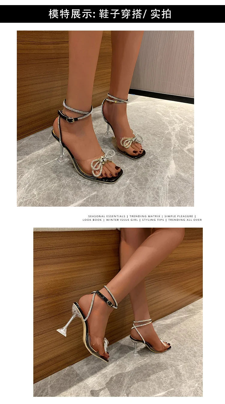 Sexy Rhinestone Bowknot Women's Sandals Jelly Transparent High Heels Summer Ankle Buckle Strap Party Shoe