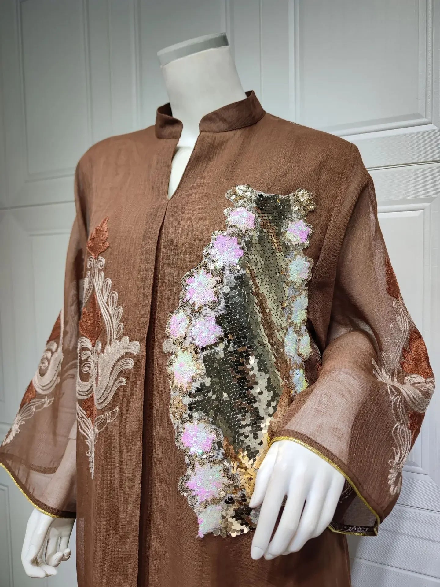 Mesh Sequins Embroidered Abaya Dress for Women Winter 2024 Middle East Arab Oman Dubai Muslim Moroccan Caftan Party Clothes Eid