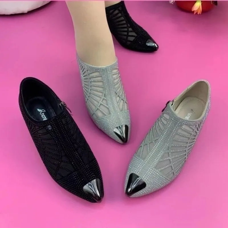 2023 New Women Thick-heeled Mid-heel Pointed Toe Side Zipper Sandals Women's Boots Sexy Rhinestone Fashion Shoes on Heels