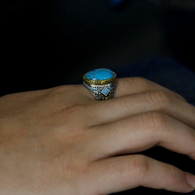 Popular Türkiye Men's Handmade Ring Sterling Silver S925 Women's Turquoise Religious Muslim Christmas Jewelry Gift