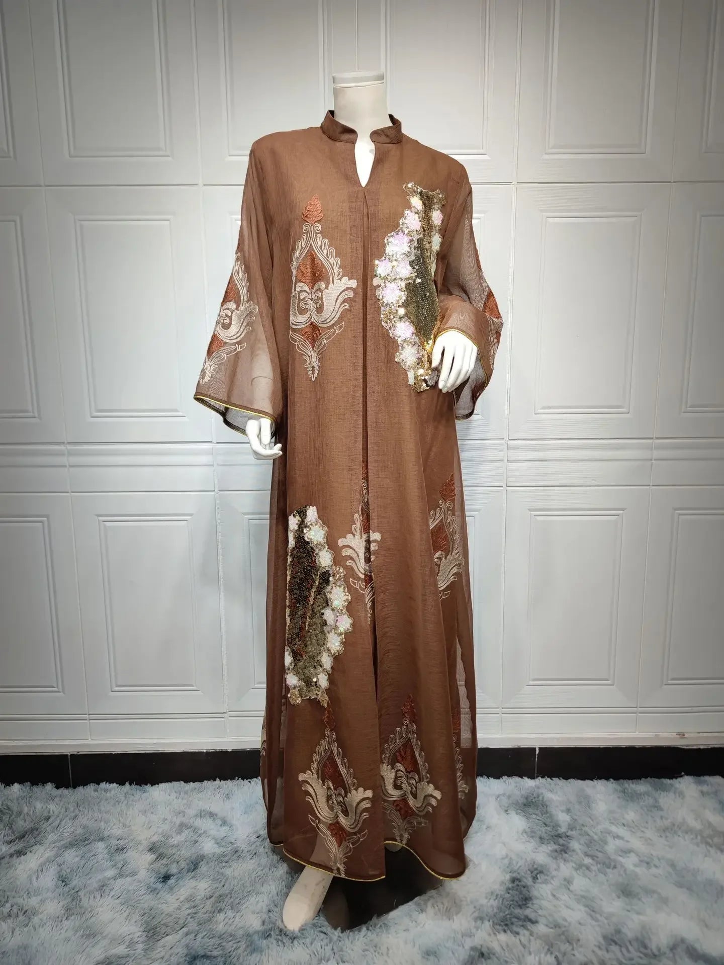 Mesh Sequins Embroidered Abaya Dress for Women Winter 2024 Middle East Arab Oman Dubai Muslim Moroccan Caftan Party Clothes Eid