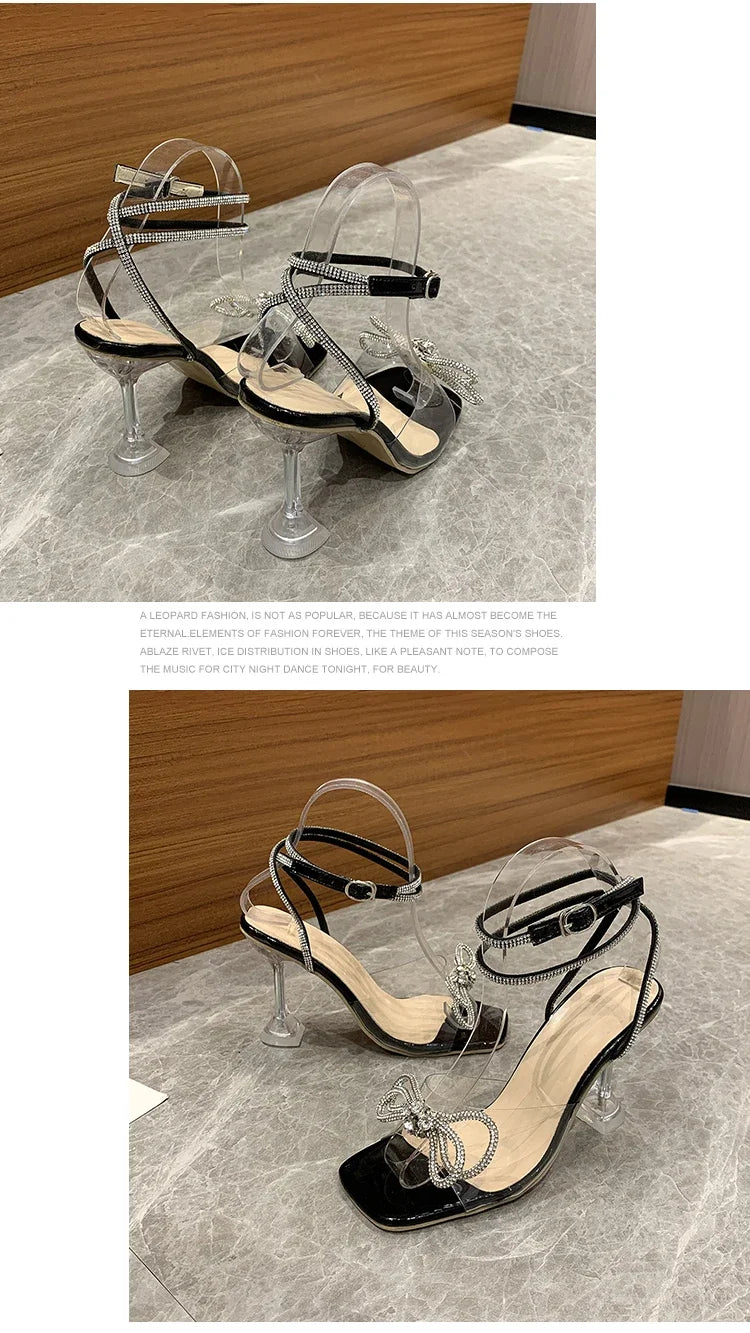 Sexy Rhinestone Bowknot Women's Sandals Jelly Transparent High Heels Summer Ankle Buckle Strap Party Shoe