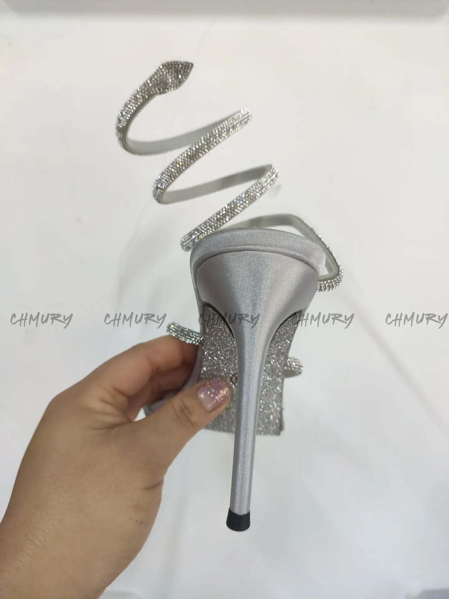 CHMURY Snake Wrapped Sandals Women's Summer Fashion 2024 New  Black Sexy Rhinestone Glitter Craystal Thin Heel High Heels