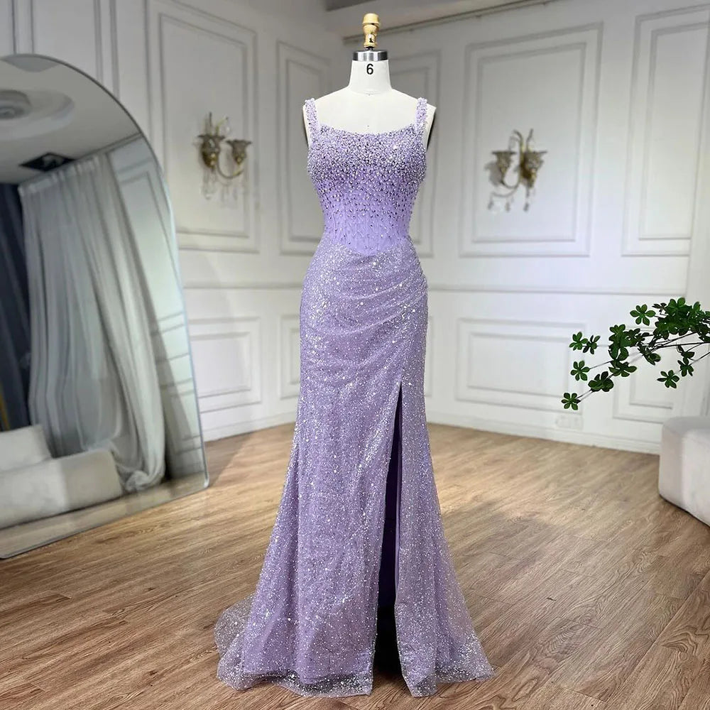 Serene Hill Beige Mermaid Floor Length Evening Gowns Luxury Beaded Crystal Spaghetti Strap Party Drsses For Women 2024 LA72163