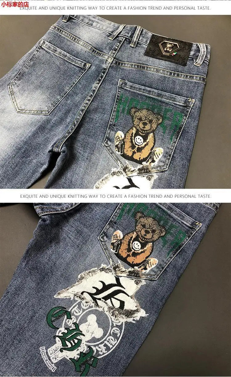 New Arrival Slim Fit Denim Jeans Cute Cartoon Bear Print for Men's Casual Spring Autumn Stretch Slim Jeans Hombre Graphic Jeans