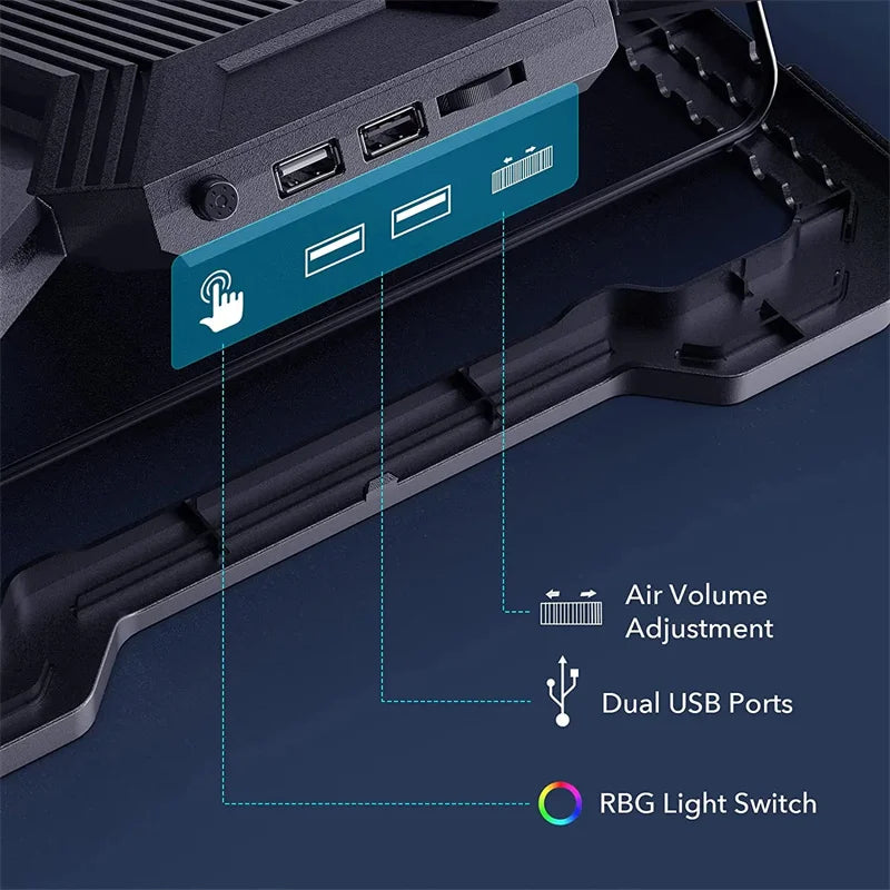 Laptop Cooler Cooling Pad 6 Fans Rgb Laptop Cooling Stand Cooler Radiator Base Notebook Holder with LED Phone Expansion Holder