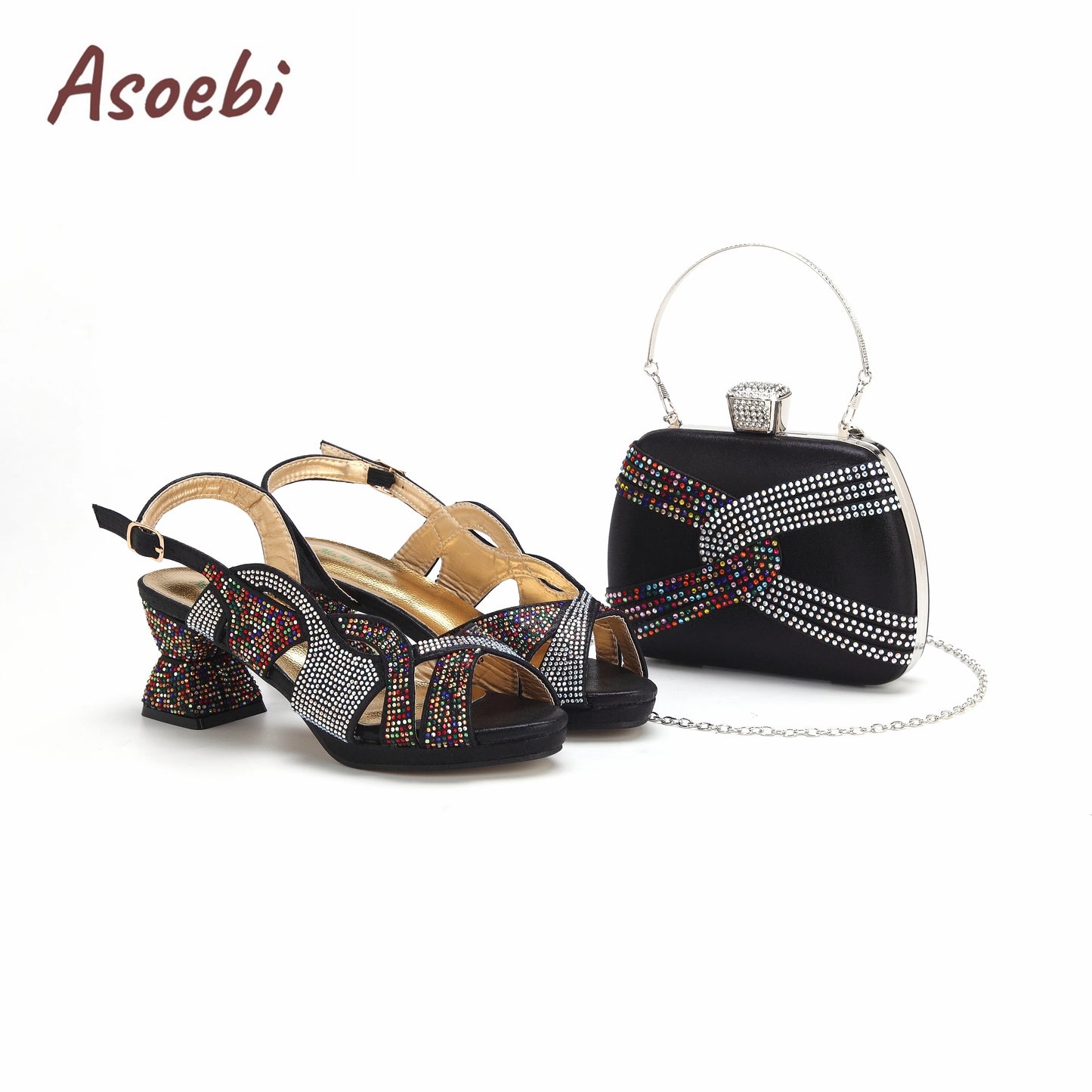 Black Color Sandals for Women 2024 Luxury Comfortable Pumps Low Heels Rhinestone Design Wedding Party Shoes and Bags Set