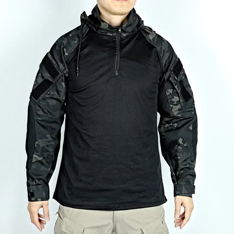 Tactical Shirts Men Long Sleeve Breathable T-shirt Camo Hooded Quick-dry Paintball T-Shirt Tops Wear-resisting