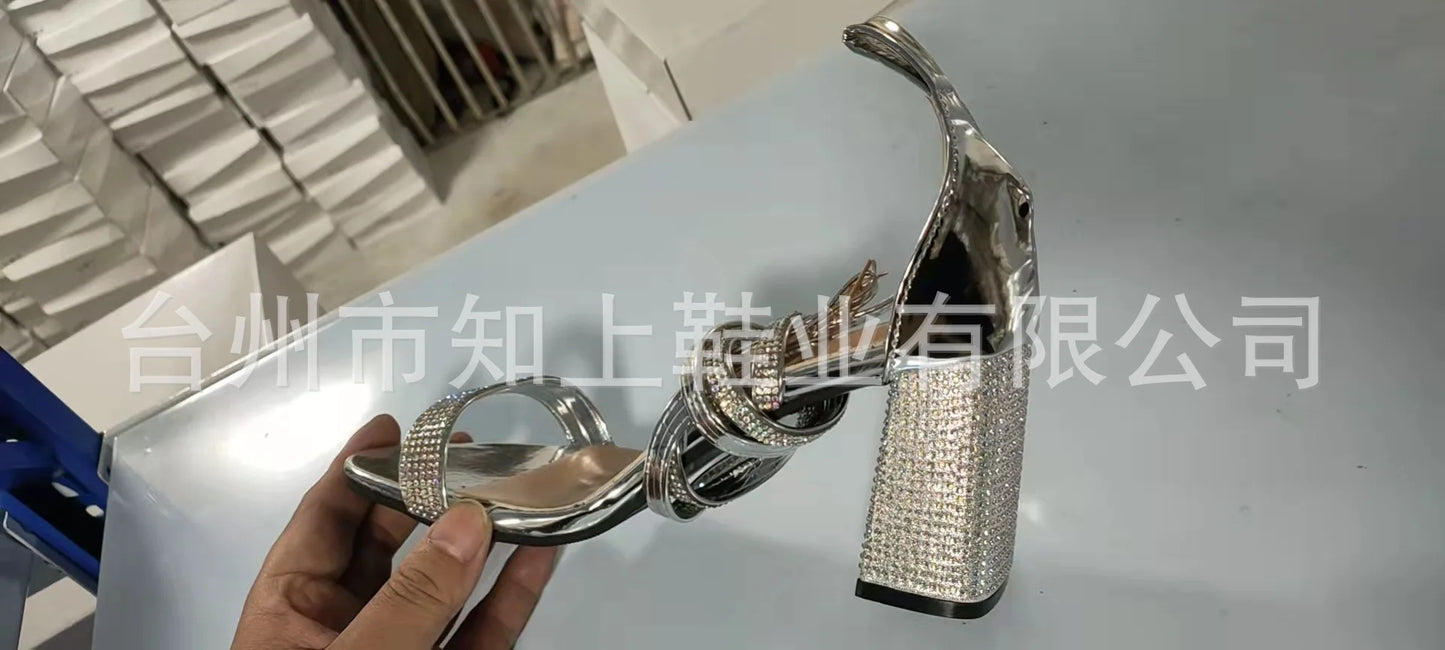High-heeled Women's Shoes Rhinestone Thick Heels Women's Sandals High Heels Buckle Strap Shoes Women's Large Size 43