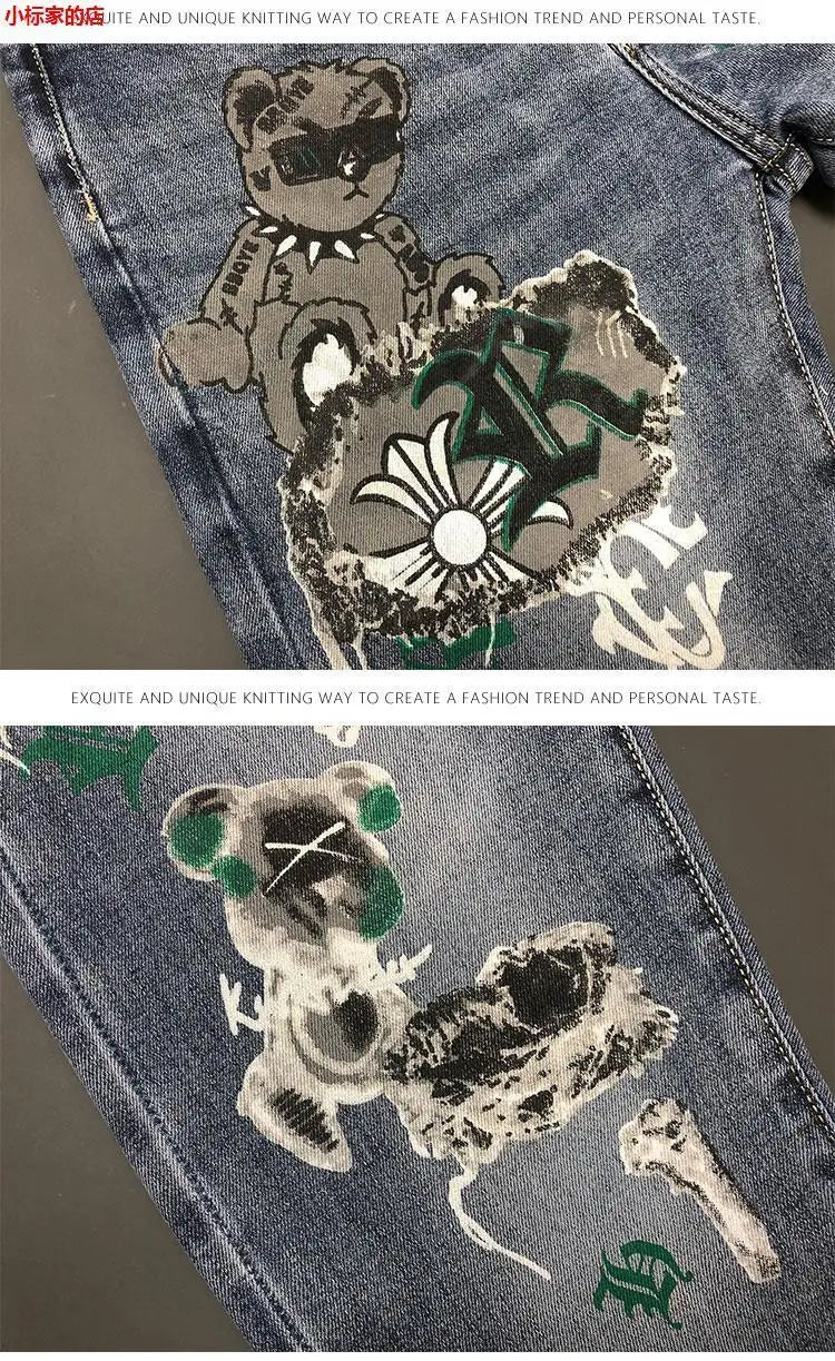 New Arrival Slim Fit Denim Jeans Cute Cartoon Bear Print for Men's Casual Spring Autumn Stretch Slim Jeans Hombre Graphic Jeans