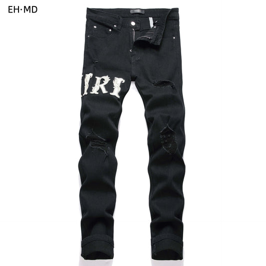 Summer Handmade Embroidery Jeans Men Pattern Small Foot Slim Fit Perforated 3D Skull Pants Worn Loose Vintage Stretch Street 024