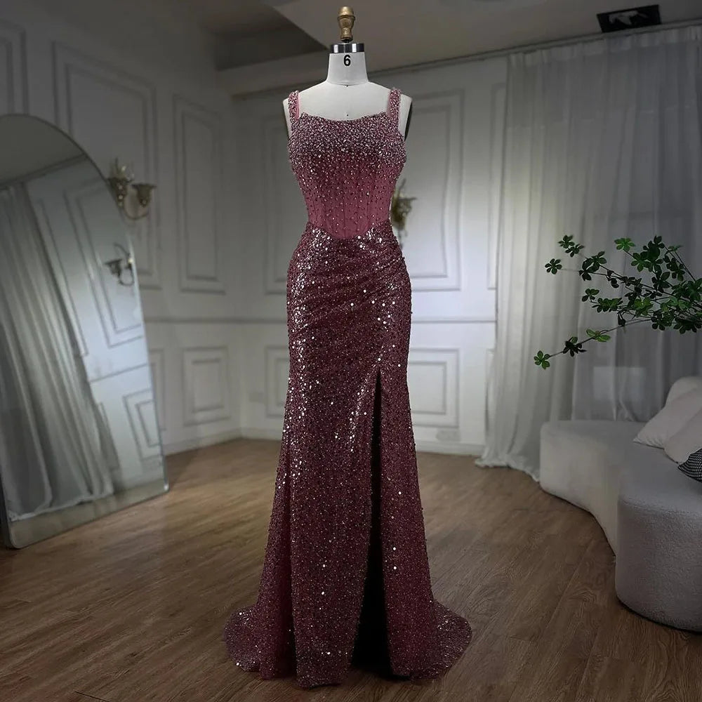 Serene Hill Beige Mermaid Floor Length Evening Gowns Luxury Beaded Crystal Spaghetti Strap Party Drsses For Women 2024 LA72163