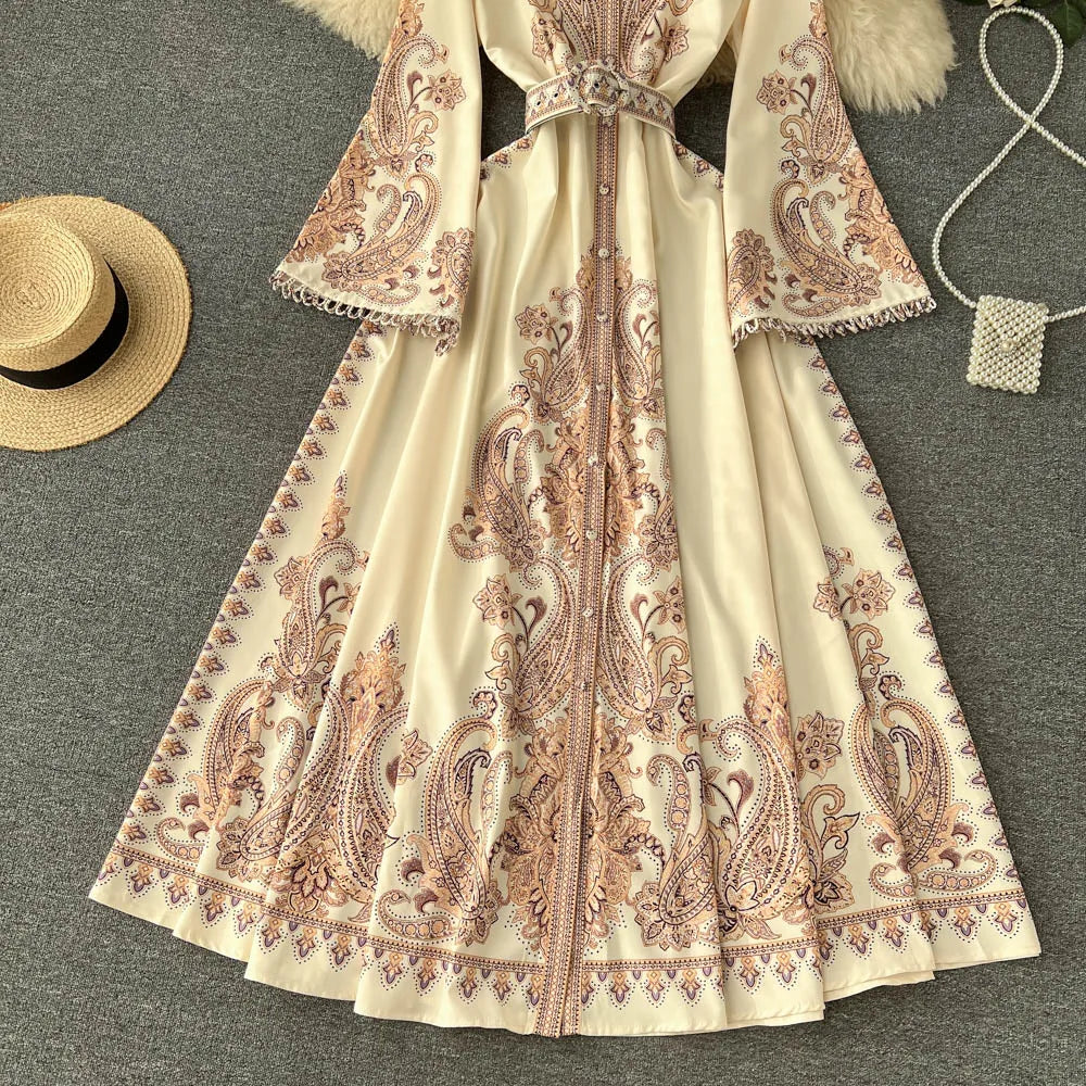 Spring Autumn Retro Long Dress Women Standing Neck Flared Sleeve Printed Party Dresses Ladies Slim A-line Court Style Long Robe
