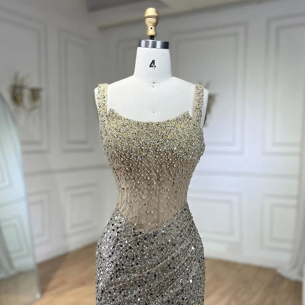 Serene Hill Beige Mermaid Floor Length Evening Gowns Luxury Beaded Crystal Spaghetti Strap Party Drsses For Women 2024 LA72163