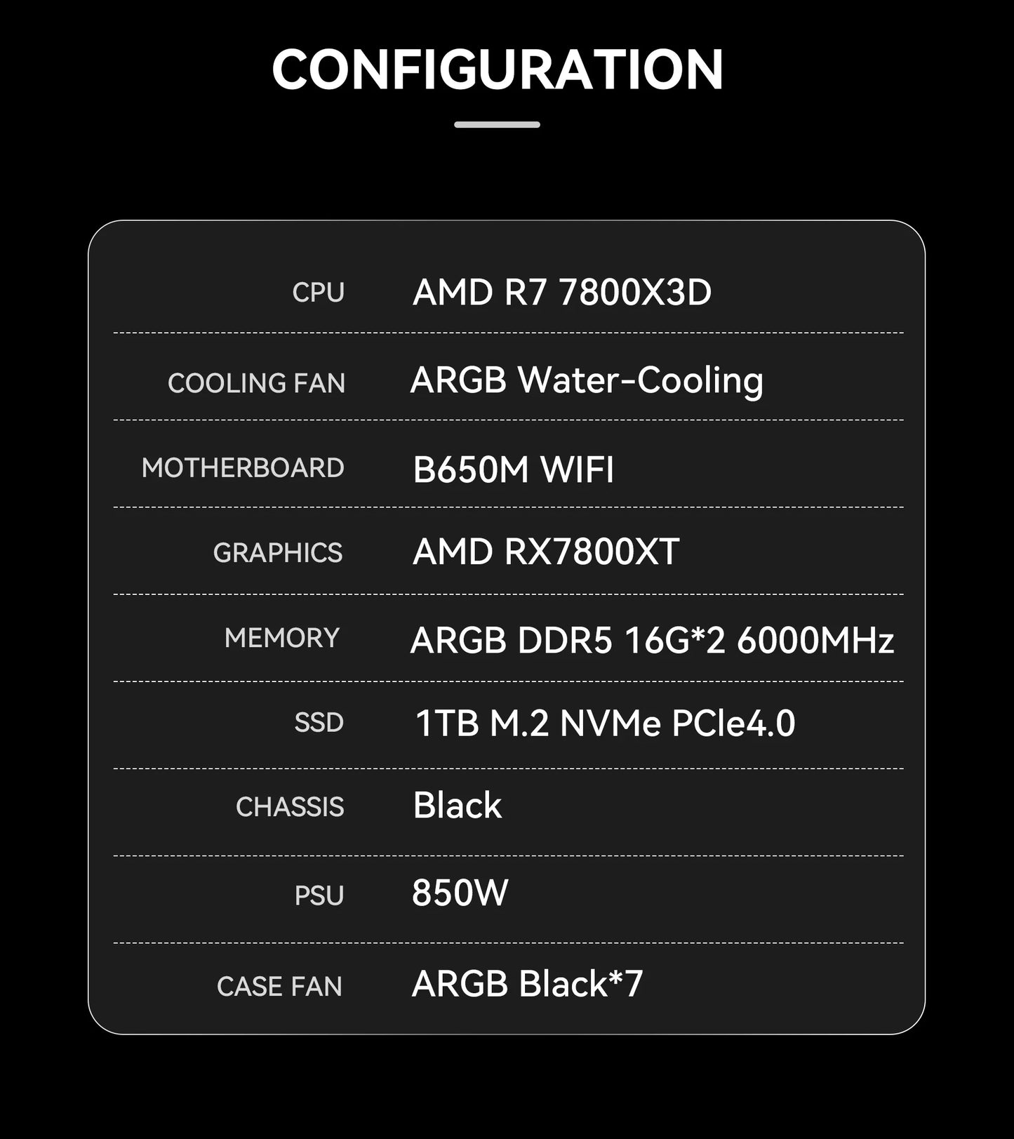 YEAH MAGIC Gaming Desktop PC AMD R7 7800X3D 7800XT DDR5 6000MHz 32G 1TB M.2 SSD Windows 11 Home 850W PSU Office Business WIFI