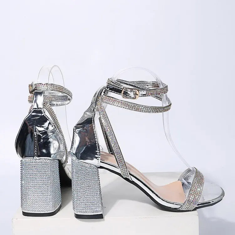 2024 Summer New Women's Sandals Sexy Party Plus Size Square Head Shoes for Women Fashion Open Toe Rhinestone Ladies Sandals