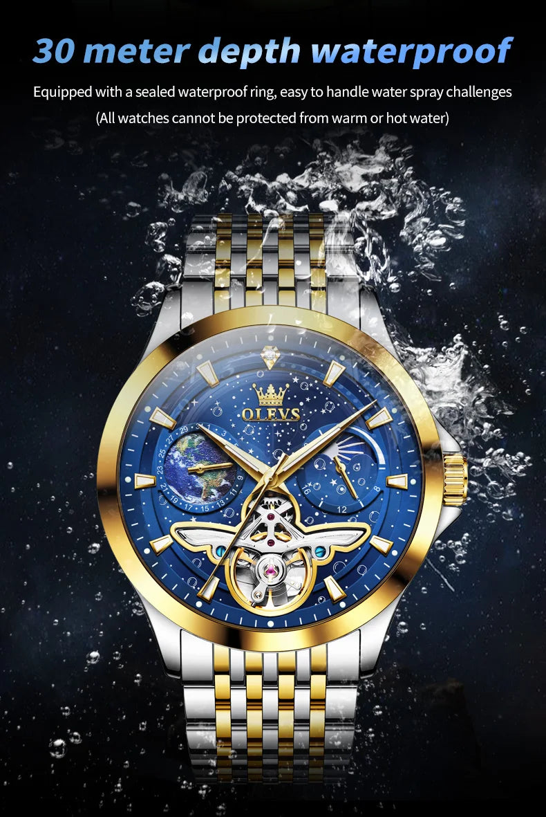 OLEVS Luxury Brand Men's Watches Luminous Waterproof Fully Automatic Mechanical Watch Starry Sky Dial Moon Phase Hollow Out