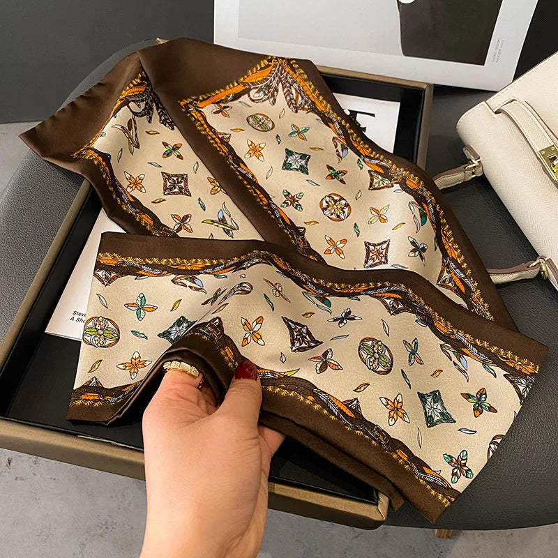 Luxury Print Imitation Silk Scarf Headband Neckerchief Foulard Female Hair Scarfs Neck Tie Skinny Scarves Soft Satin