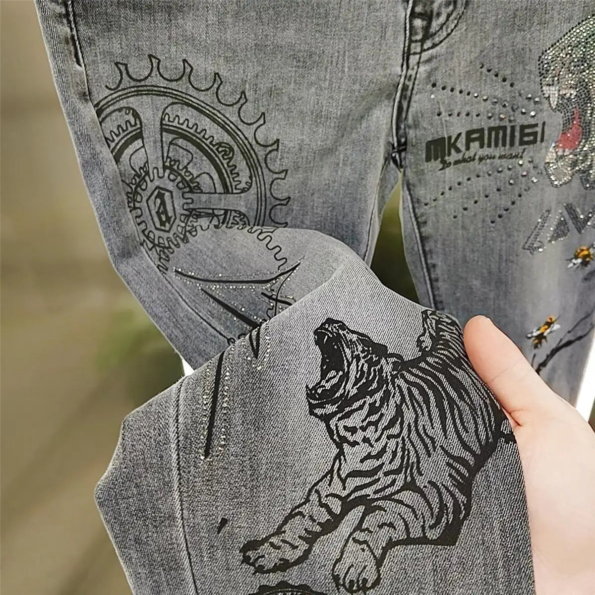 High-end European Korean Men's Slim Fit Jeans with Tiger Diamond Print for Casual Wear Spring Autumn Stretch Luxury Clothing Men