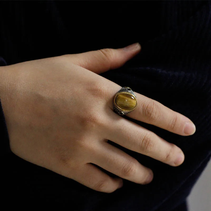 S925 Sterling Silver Natural Gold Tiger Eye Türkiye Men's Handmade Ring Religious Muslim Islamic Women Christmas Jewelry Gift
