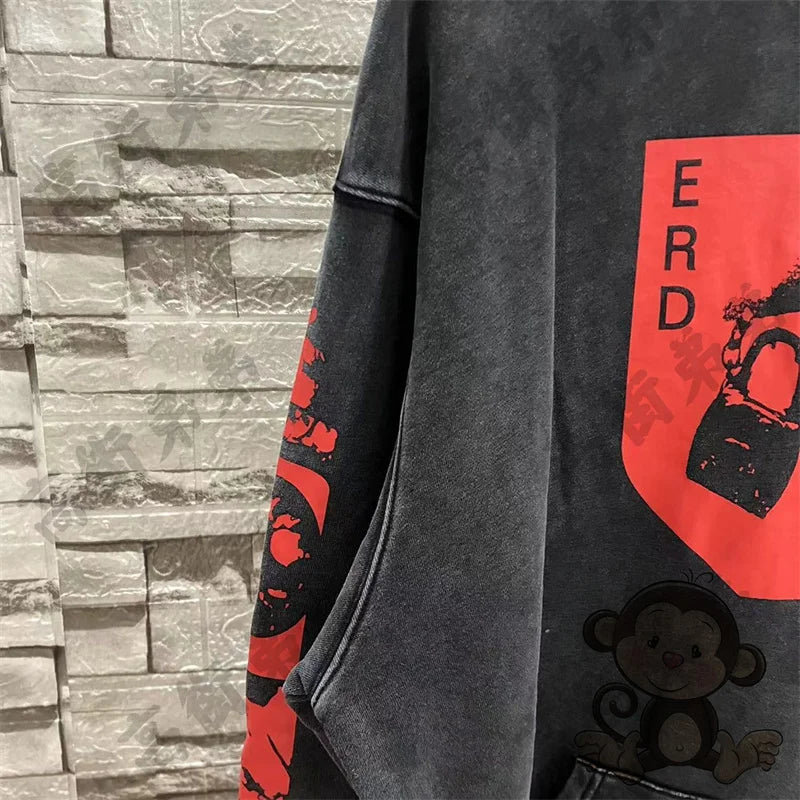 Red letter printed ERD men's hoodie retro pure cotton loose casual sportswear streetwear men