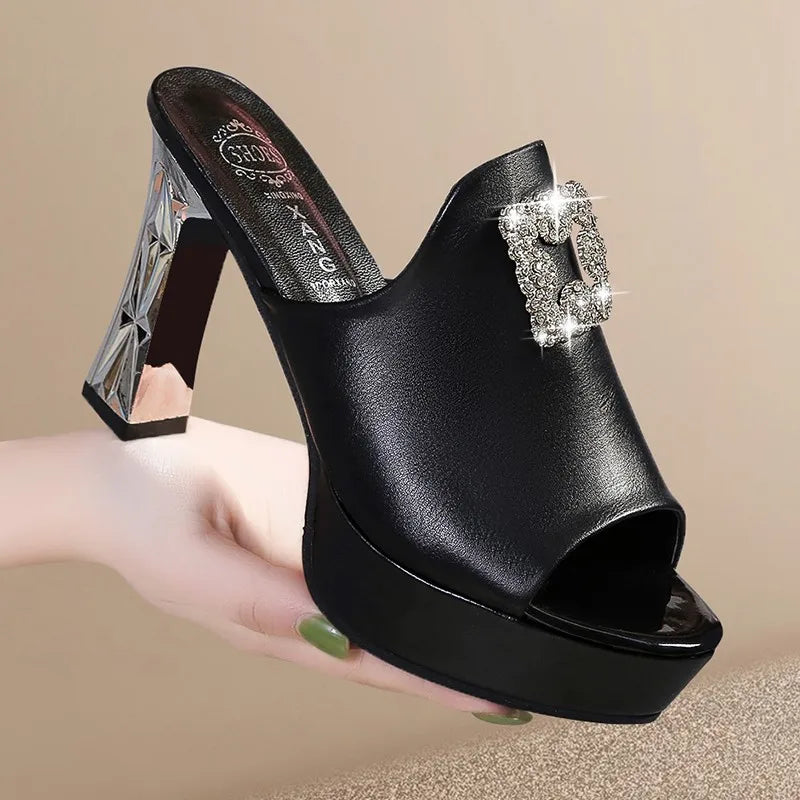 Summer Fish Mouth Block Heel Sandals Women's Platform Platform Rhinestone Sexy High Heeled Sandals Womens Shoes