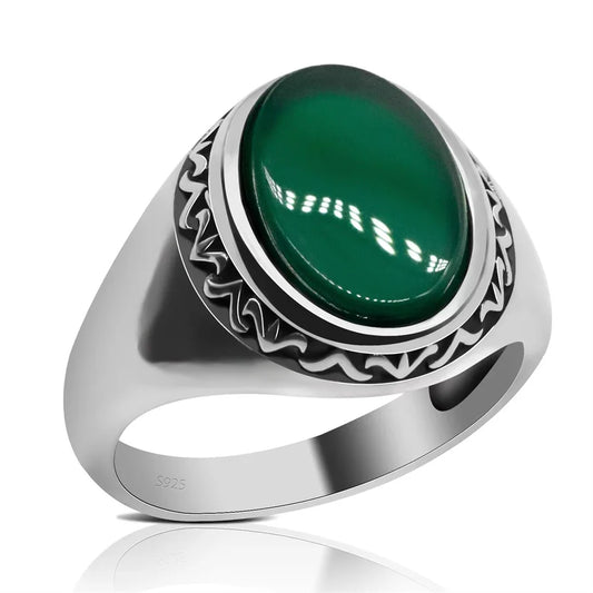 100% Solid Real S925 High Quality 8g Pure Silver Men Ring  Agate Green Fashion Couple Gift