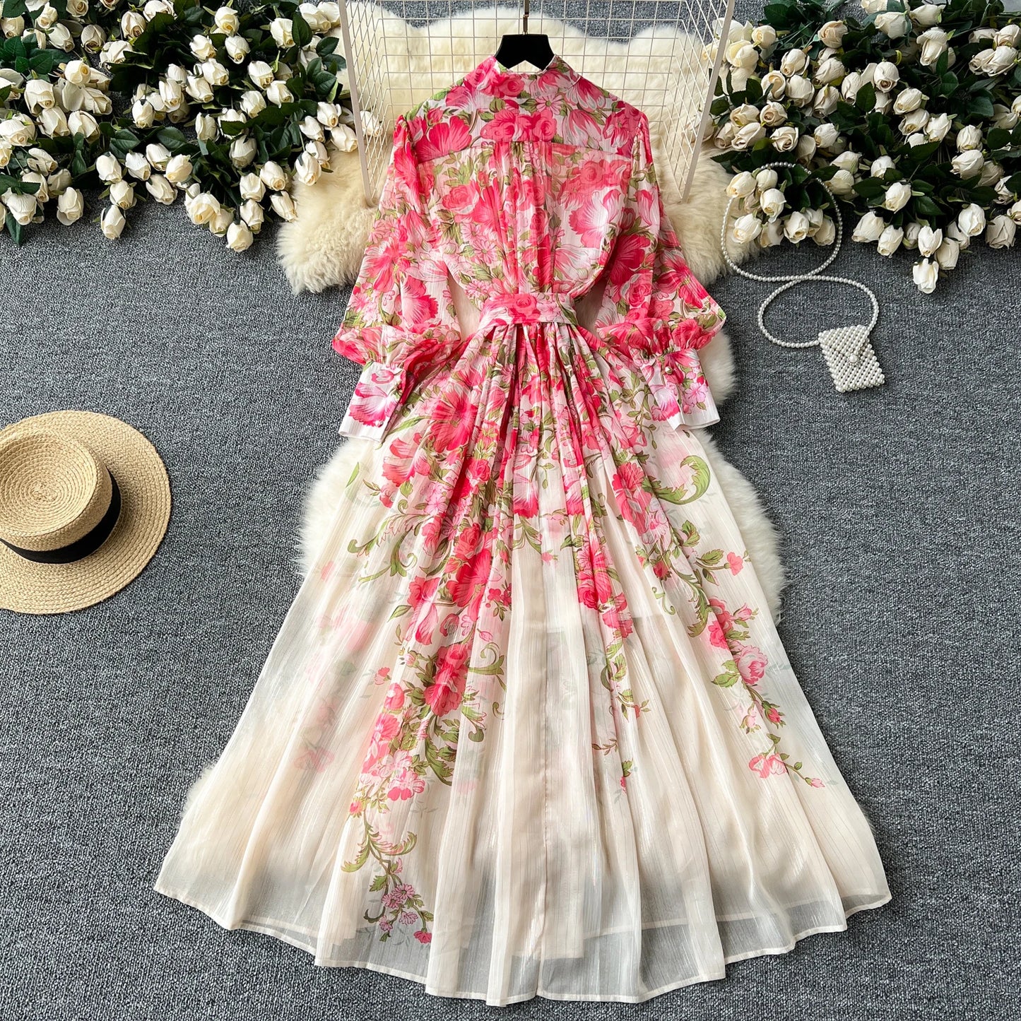 Retro Print o neck  lool sleeve sashes Single Breasted Dress A-line Casual High Waist Women Summer chiffon Dresses