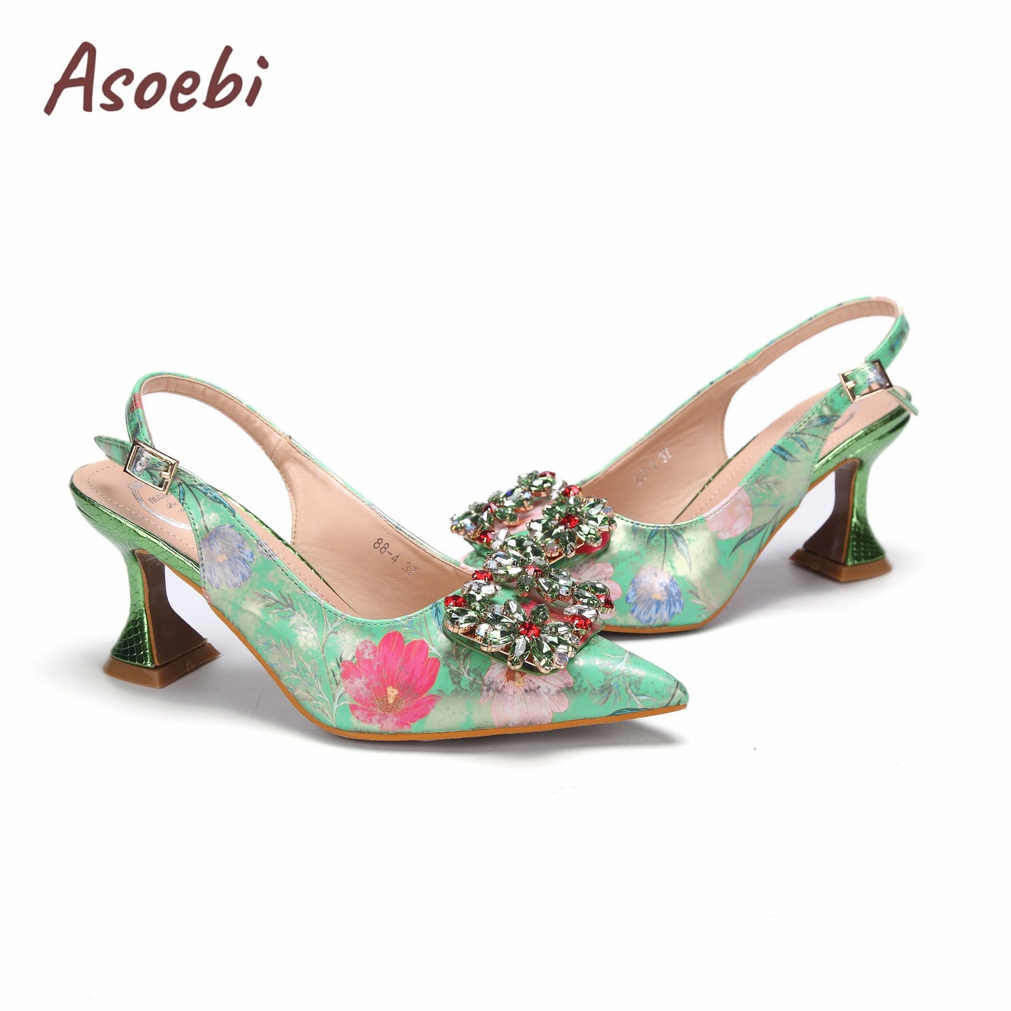 Women High Heels Sandals Printing Flower Material with Rhinestone Italian Design Coffee Color Pointed Toe Shoes and Bags Set