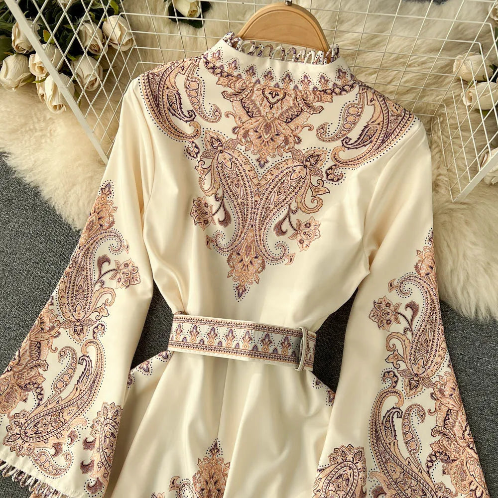 Spring Autumn Retro Long Dress Women Standing Neck Flared Sleeve Printed Party Dresses Ladies Slim A-line Court Style Long Robe