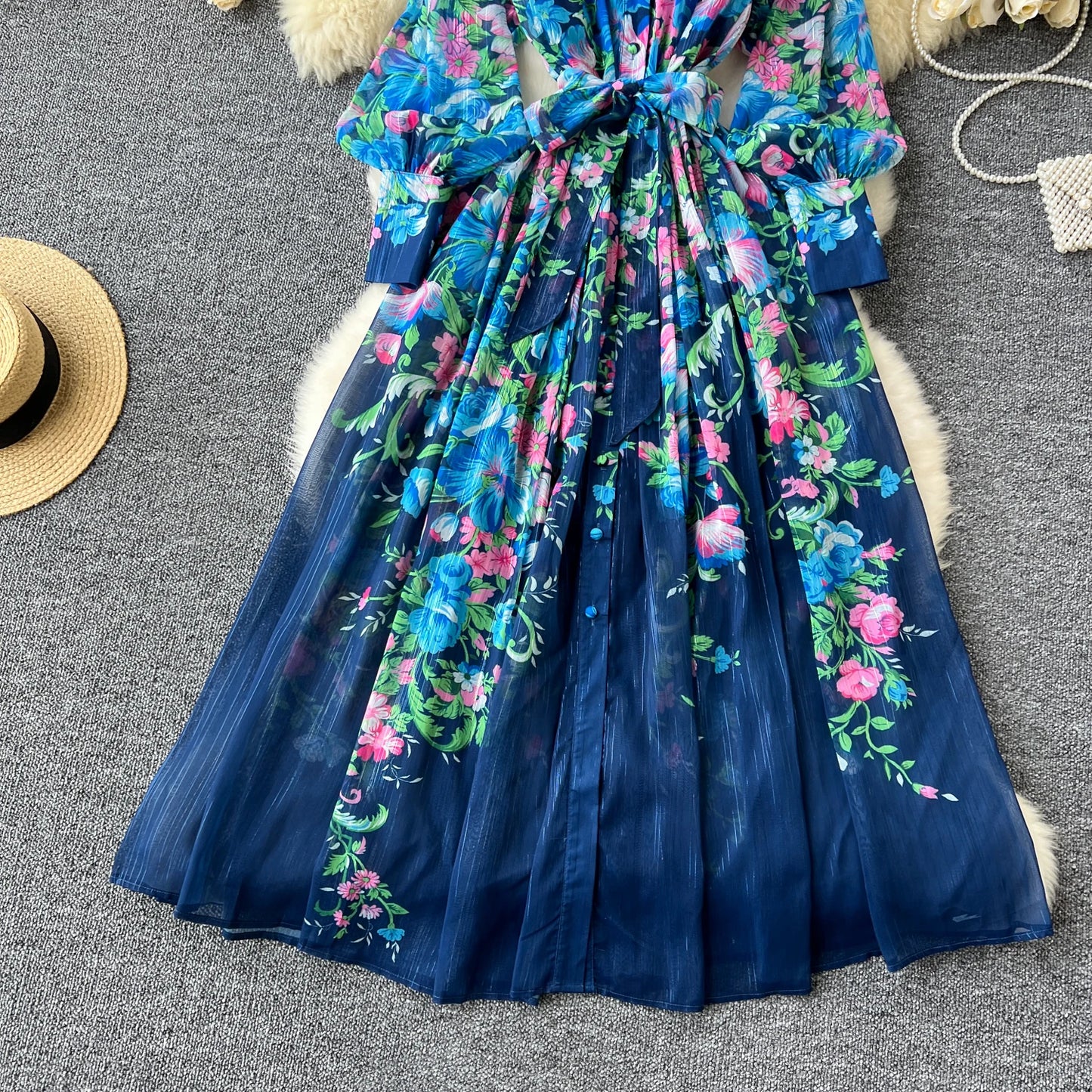 Retro Print o neck  lool sleeve sashes Single Breasted Dress A-line Casual High Waist Women Summer chiffon Dresses