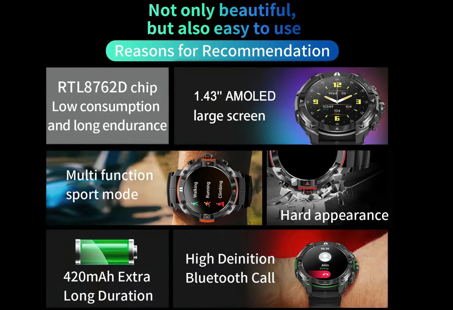 MASX MOSS Ⅱ smart watch 1.43'' AMOLED Display 420mAH bluetooth call Military-grade Toughness Waterproof Sport watch men